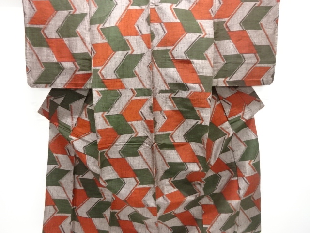 未使用品　幾何学模様織り出し手織り節紬単衣着物